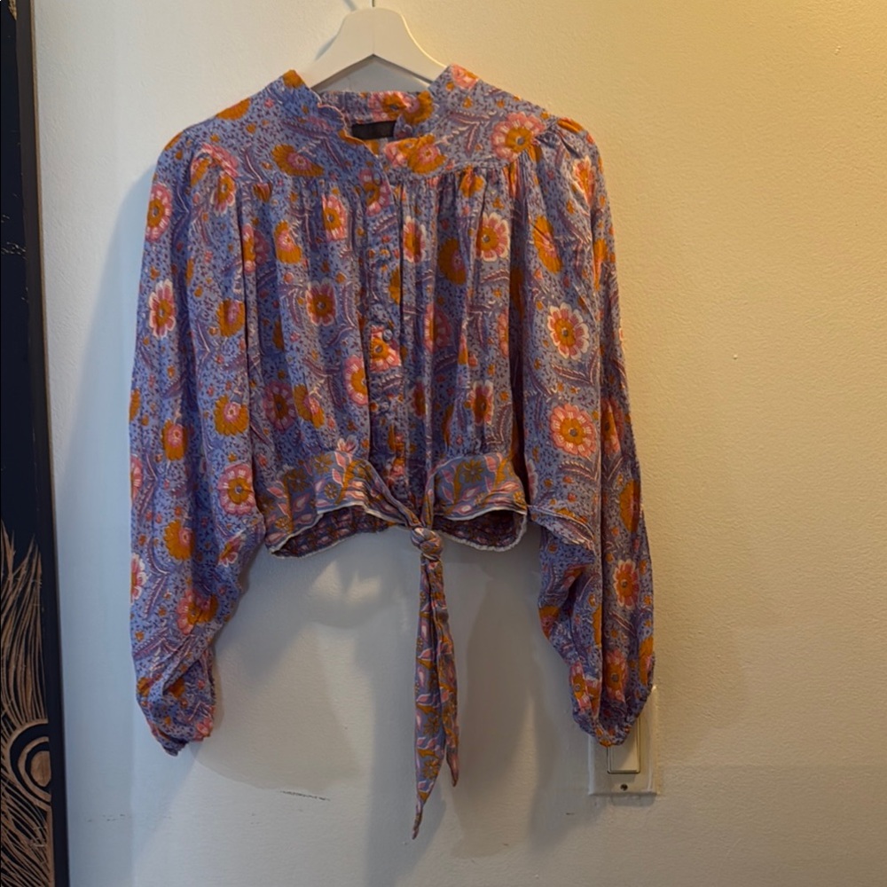 Blue Puff Sleeve Blouse with Tie Front
